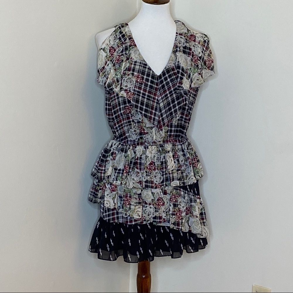 Sam Edelman Homeland Plaid Floral Tiered Dress Sm